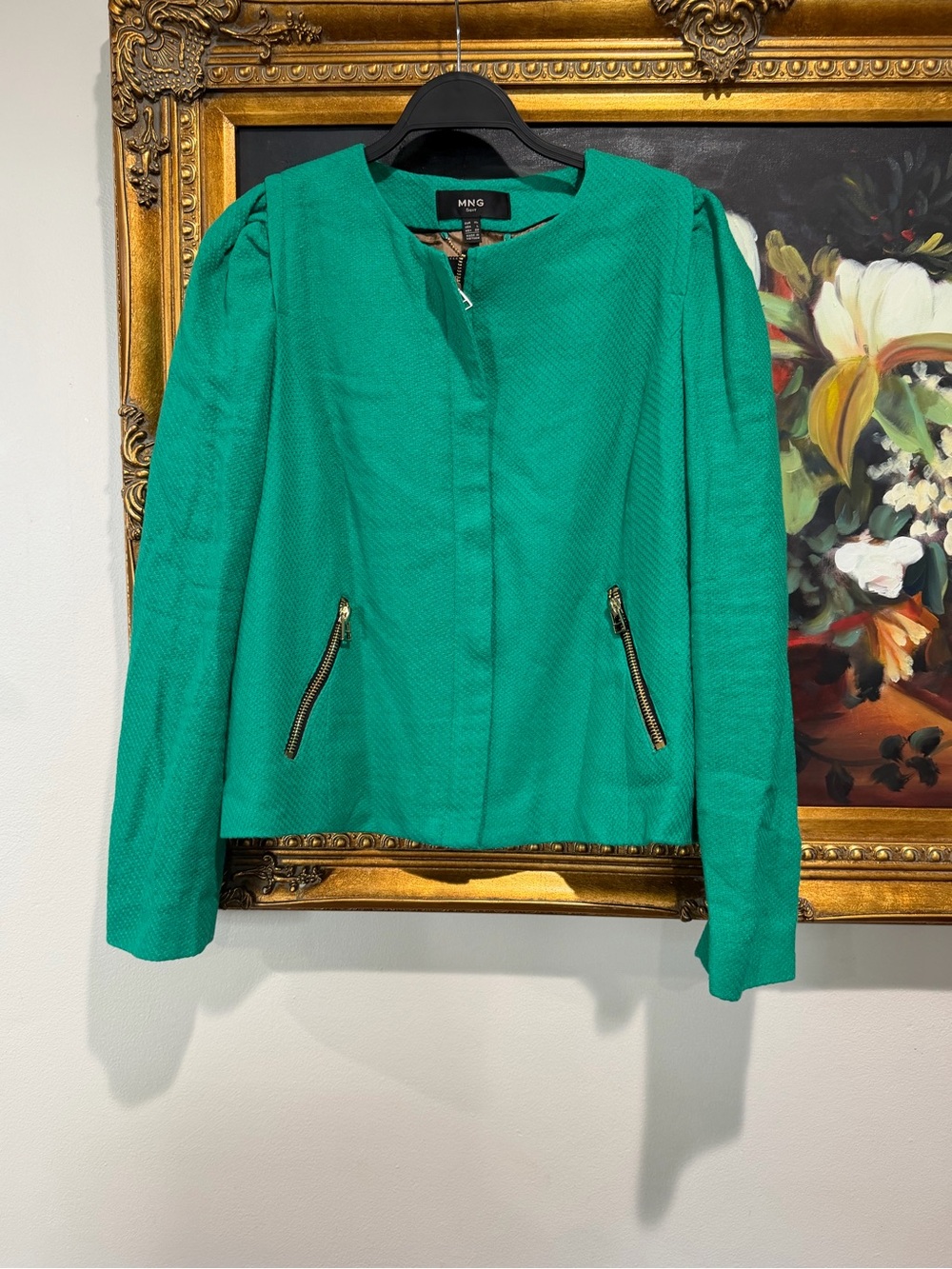 Mango Emerald Green Textured Zip-Pocket Blazer